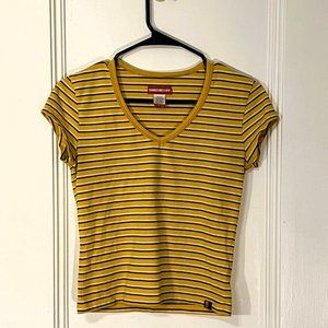 UNIONBAY Yellow Striped Tee Crop Top Medium Stretchy Fabric